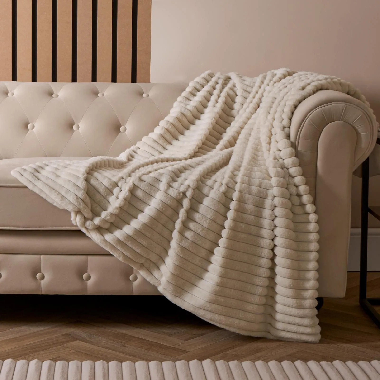 OHS Faux Fur Ribbed Fleece Throw Over Bed Blanket Winter Warm Supersoft in Natural