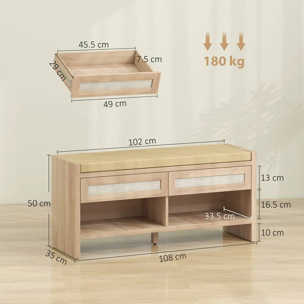 HOMCOM Shoe Bench with 2 Rattan Drawers Cushion Oak Wood Effect in Light Oak 3