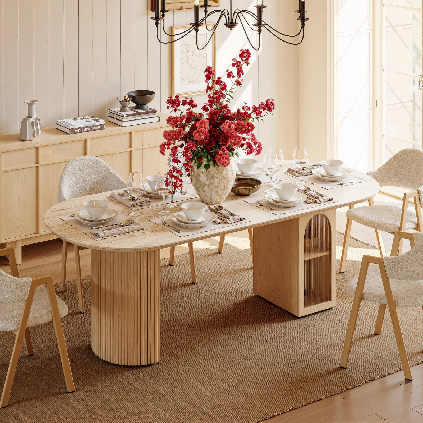 180cm Faux Travertine Oval Dining Table with Fluted Base & Storage