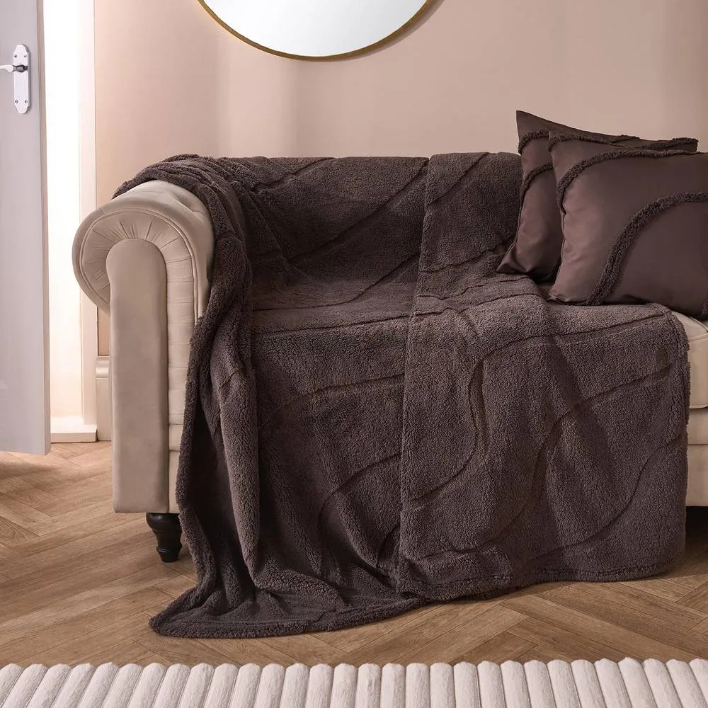 OHS Tufted Contour Throw Teddy Fleece Blanket Winter Soft Warm Bedspread in Dark Brown