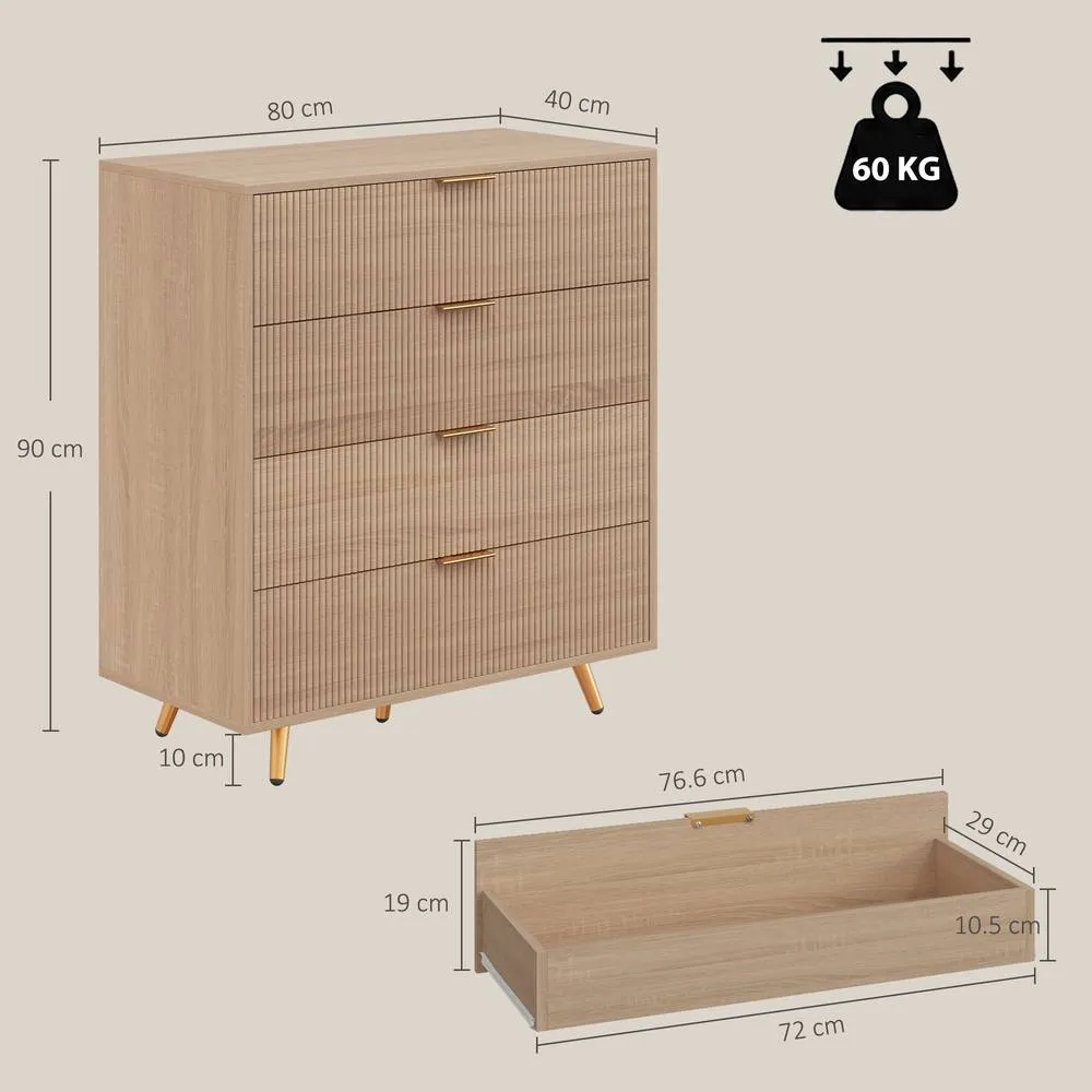 HOMCOM Bedroom Chest of Drawers with 4 Drawers & Gold-Tone Handles Natural 3