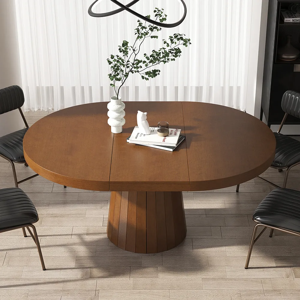 Japandi 100 cm – 140 cm Extendable Round-to-Oval Wood Dining Table–Warm Walnut, Seats 4-6