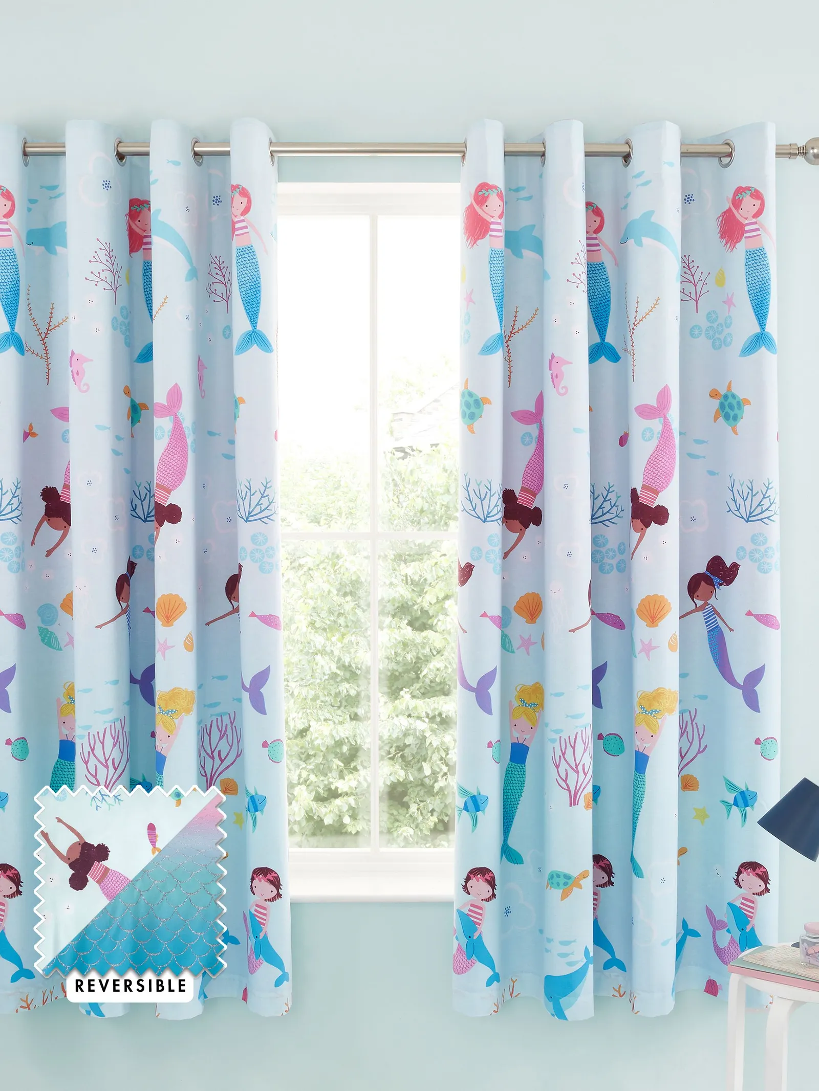 Catherine Lansfield 'Mermaid' Reversible Lined Eyelet Curtains Two Panels in Blue