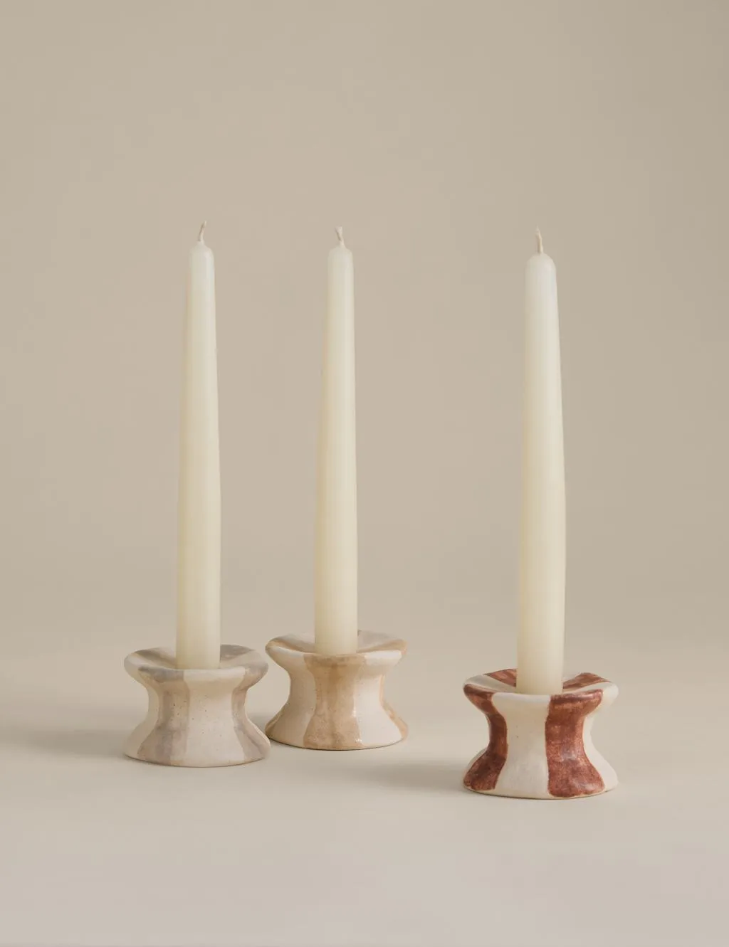 M&S 3 Pack Striped Ceramic Dinner Candle Holders Multi