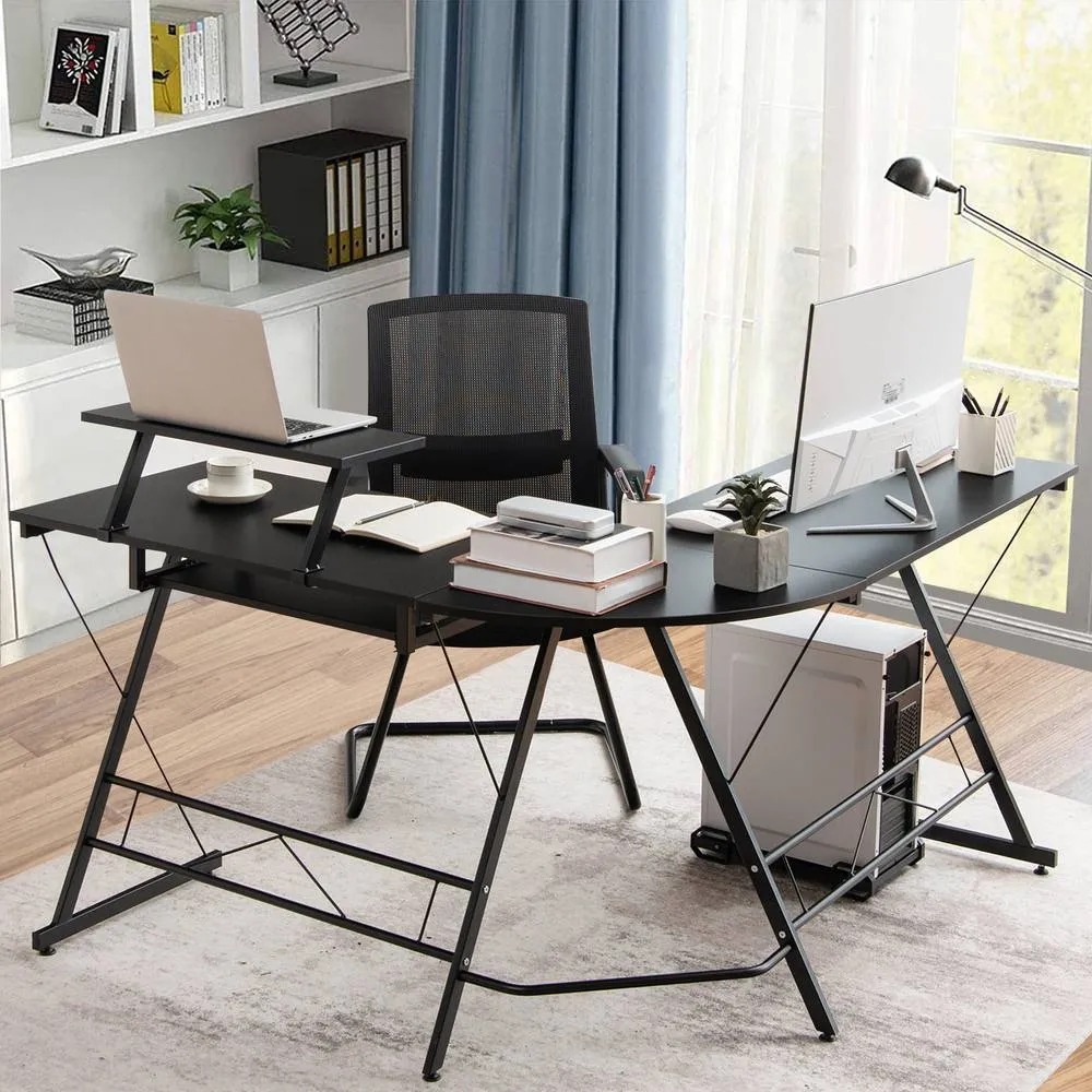Costway L-Shaped Computer Desk Office Corner Workstation w/ Host Stand in Black 3