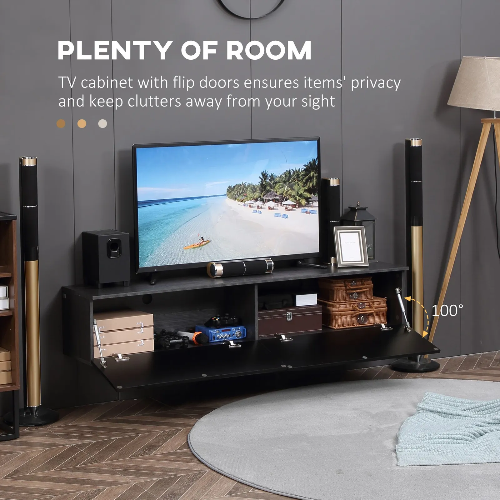 HOMCOM Wall Mounted TV Stand Unit with Storage & High Gloss Effect, Black in Grey 5