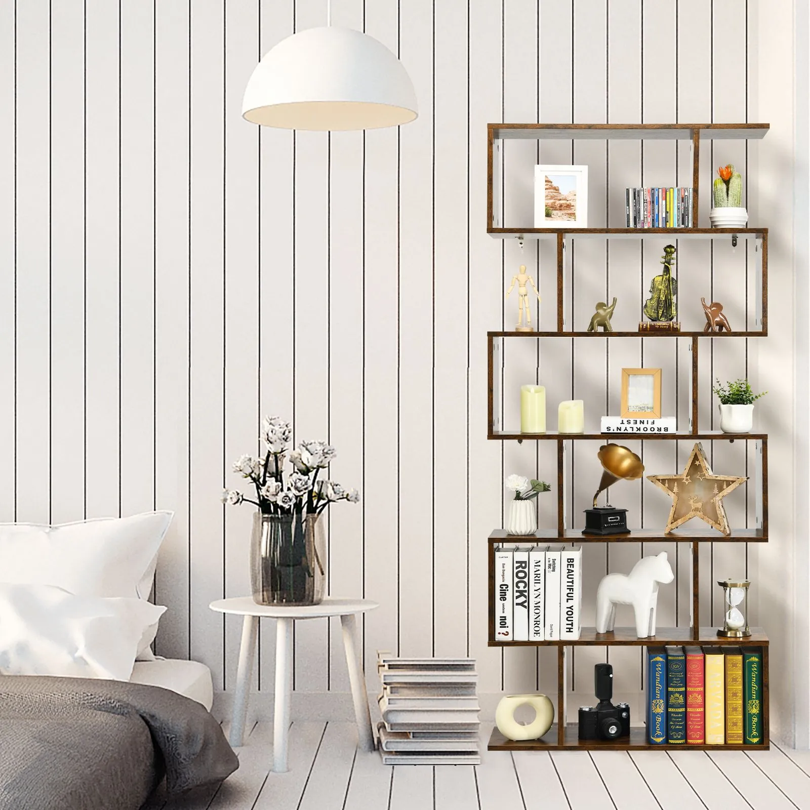 Costway 6-tier Bookcase Industrial S-Shaped Bookshelf Wooden Storage Display Rack in Brown 4