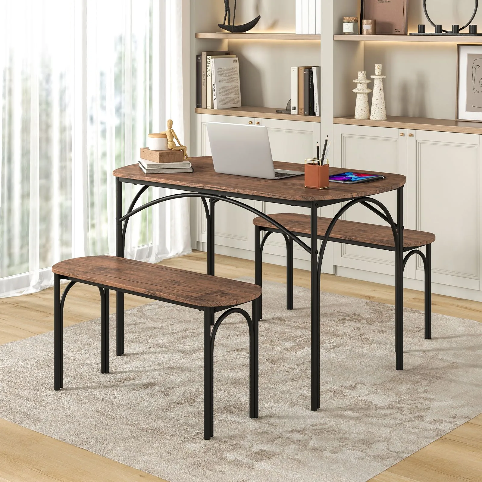 Costway 3 Piece Modern Dining Table Set 120cm Space Saving Kitchen Table Set in Brown 5