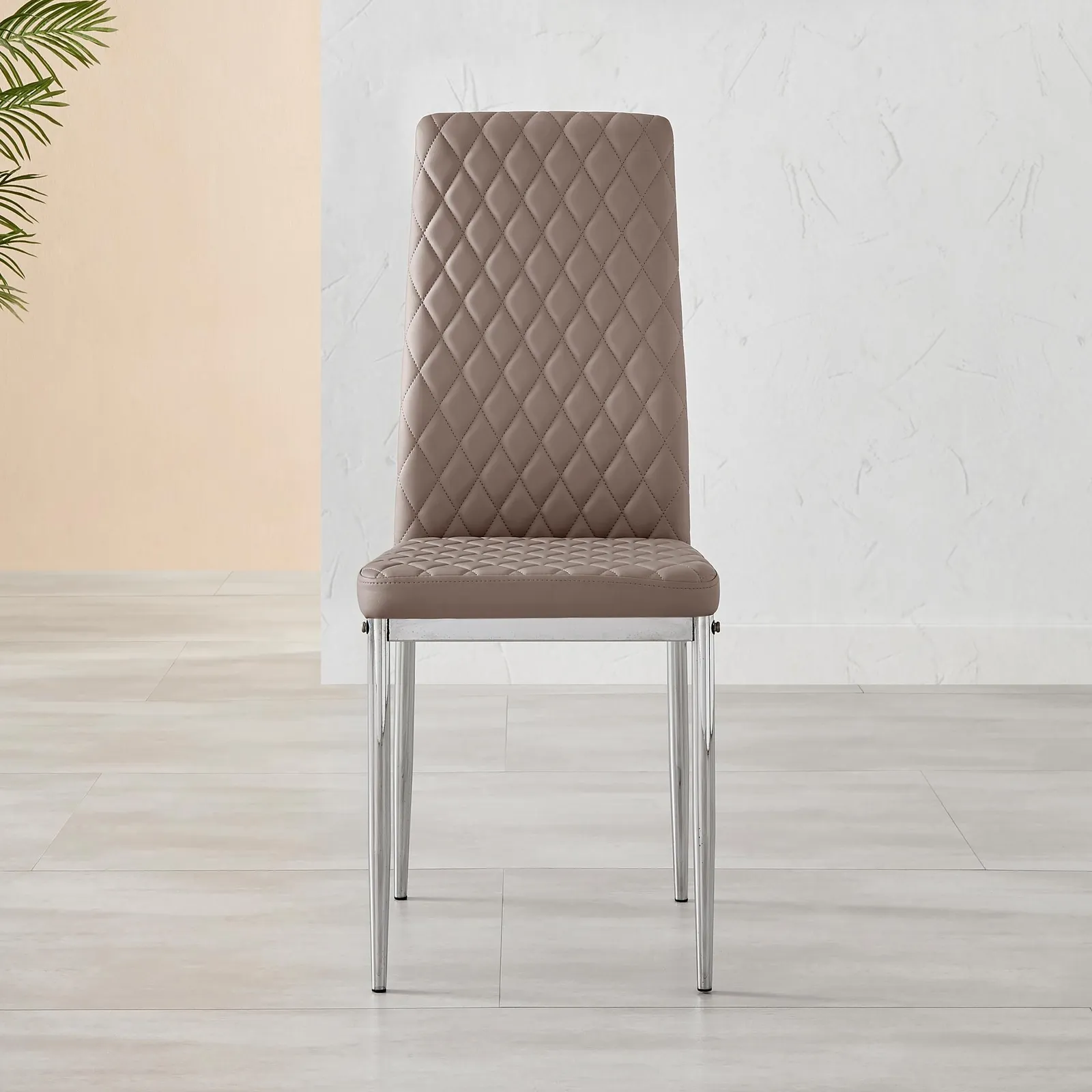 FurnitureboxUK Set of 6 Milan High Back Soft Touch Diamond Pattern Faux Leather Dining Chairs With Silver Chrome Metal Legs in Beige 5