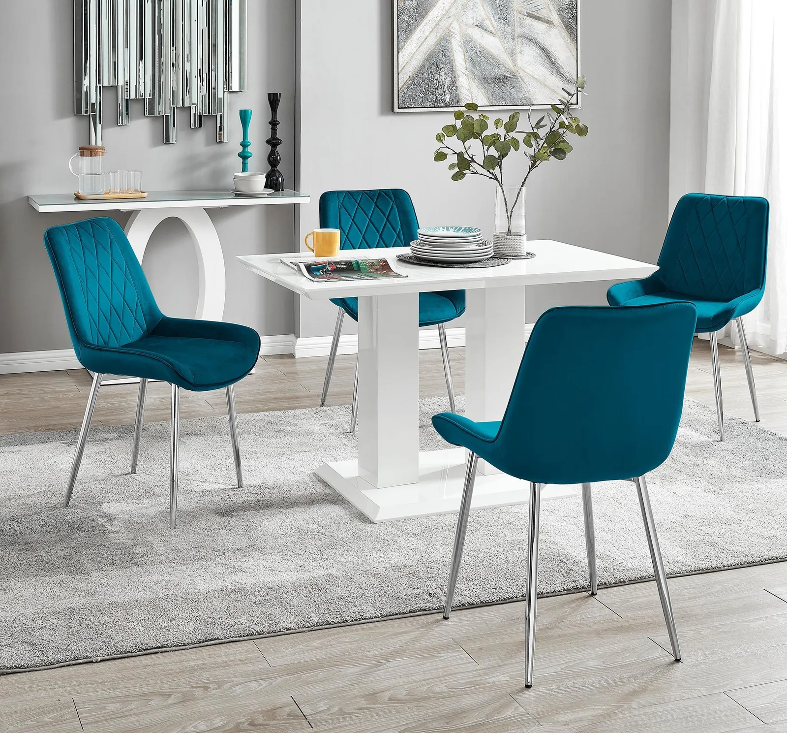 FurnitureboxUK Imperia 4 Seater Modern White High Gloss Rectangular Dining Table & 4 Persaro Velvet Chairs in Blue 1