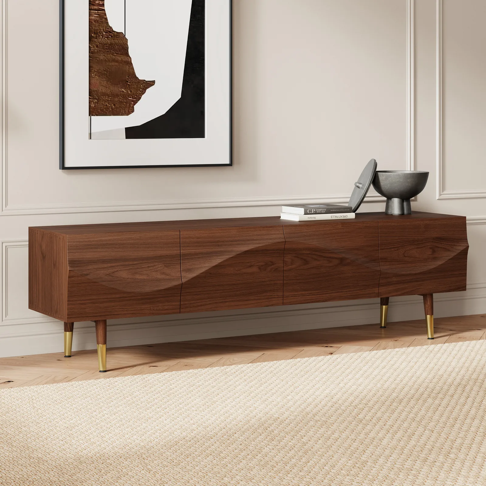 Lake Mid Century TV Stand with Wavy Design Walnut Storage Drawers for TVs Up to 190 cm