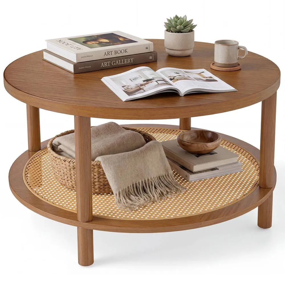 Costway Rattan Coffee Table 2-Tier Round Center Table with Wood Veneered Top in Brown