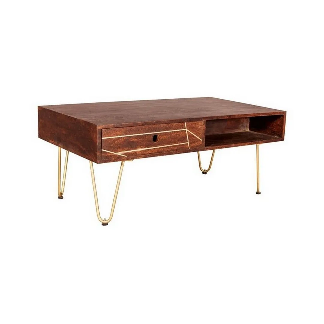 Indian Hub Dark Gold Rectangular Coffee Table with Drawer - Solid Mango Wood - L60 x W110 x H45 cm in Brown