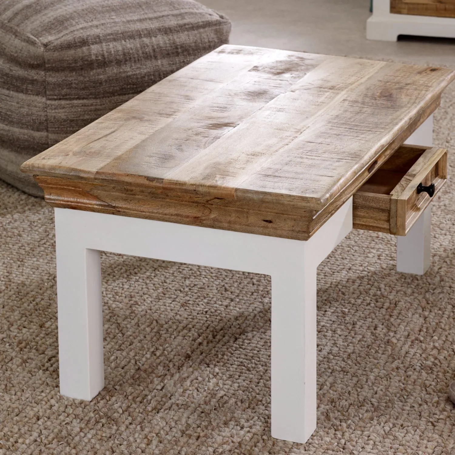 IH Design Curley Solid Mango Wood White Coffee Table With Drawer 3