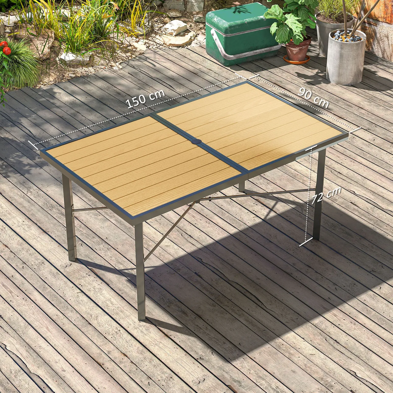 OUTSUNNY Garden Table for 6, Outdoor Dining Table with 5cm Umbrella Hole in Natural 3