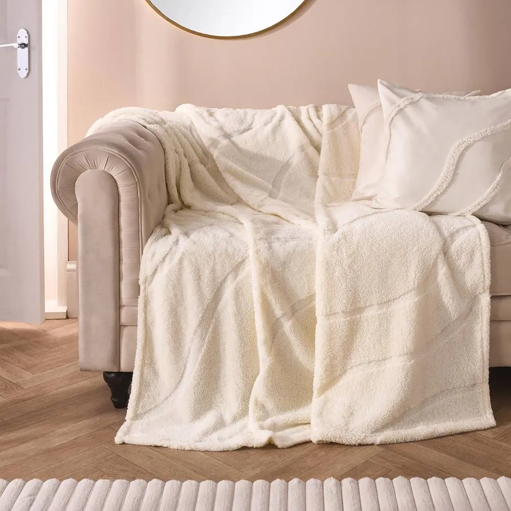 OHS Tufted Contour Throw Teddy Fleece Blanket Winter Soft Warm Bedspread in Ivory