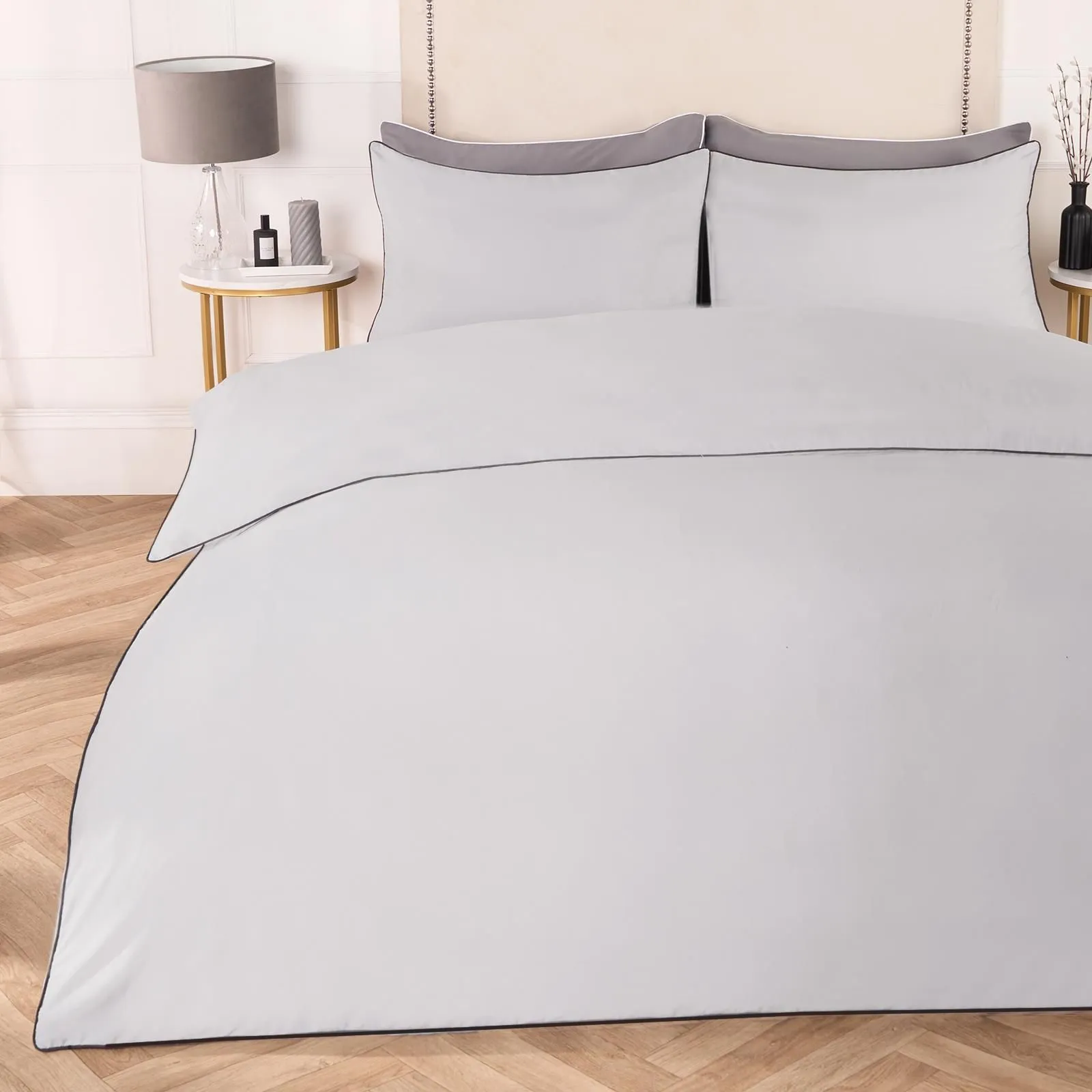 OHS Piped Edge Bedding Set Soft Duvet Cover with Pillowcase in Light Grey
