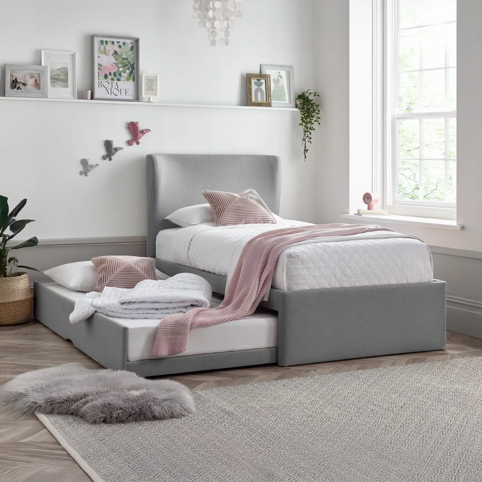 Una - Single - Guest Bed with Trundle - Grey - Fabric - 3ft - Happy Beds 1