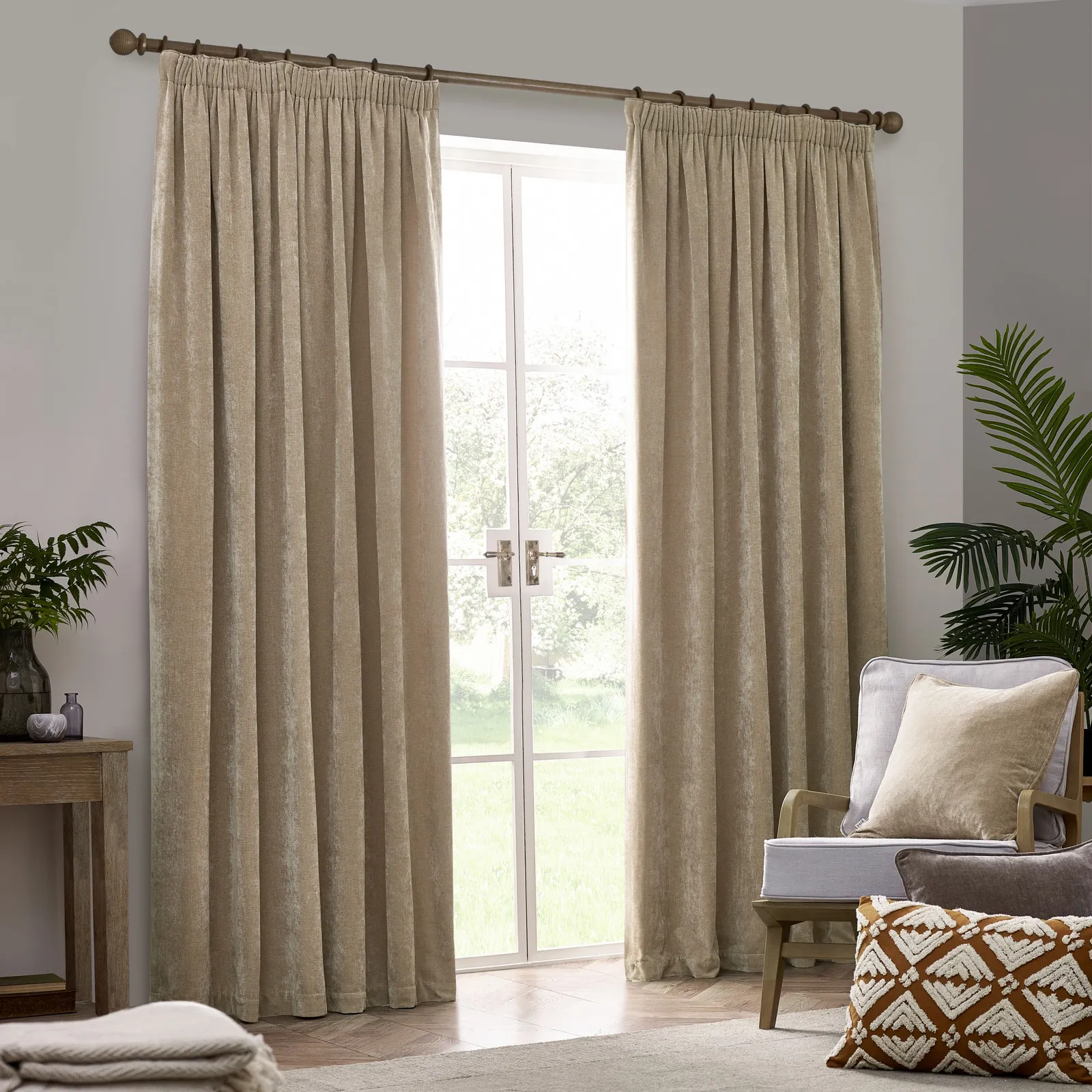 Yard Heavy Chenille Velvet Room Darkening Pencil Pleat Curtain Pair in Natural 2