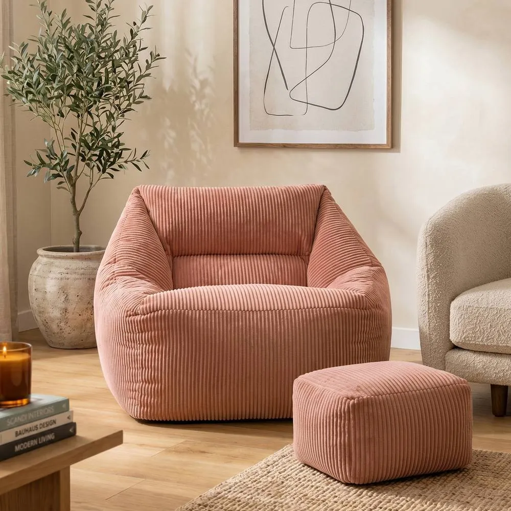 icon Bean Bag Armchair & Footstool Jumbo Cord Bundle in Pink