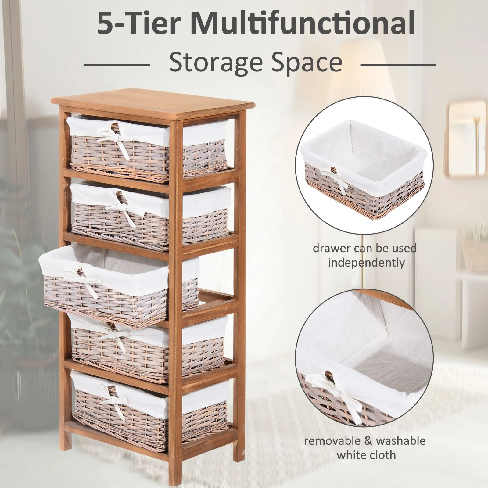 HOMCOM 5 Drawer Dresser Wicker Storage Shelf Unit Wooden Home Organization in Natural 4