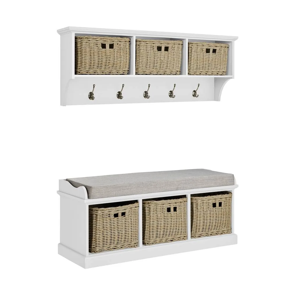 Statement Furniture Tetbury 3 Brown Faux Wicker Basket & Grey Cushion Hallway Set in White 2