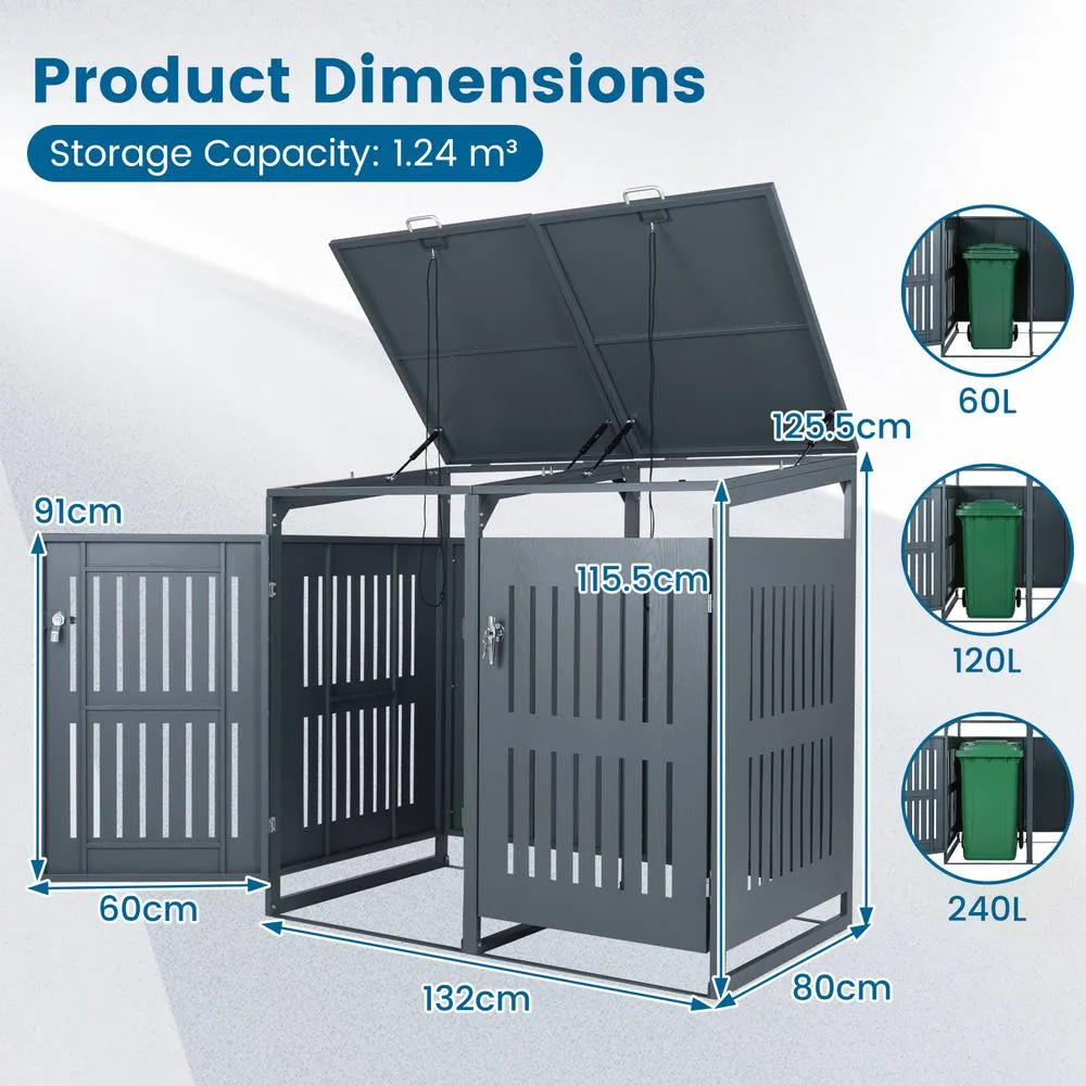 Costway Outdoor Trash Can Storage Shed for 2 Bins Metal Garbage Can Organizer in Grey 2