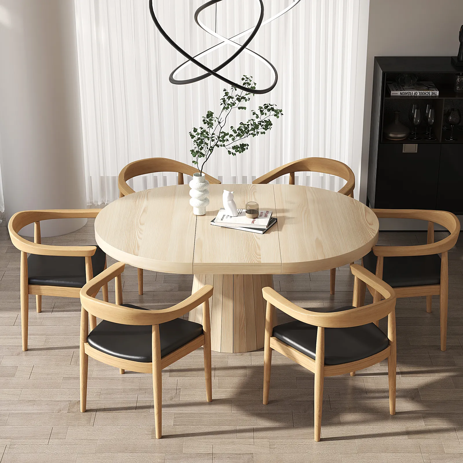 Extendable Dining Table Set 39"-55" Japandi Dining Table & 6 Wood Dining Chairs
