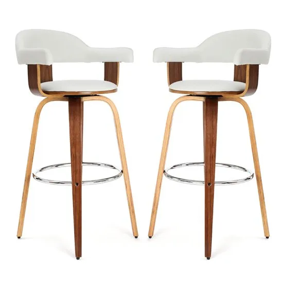 Savial White Leather Rotating Bar Chairs With Armrest In Pair