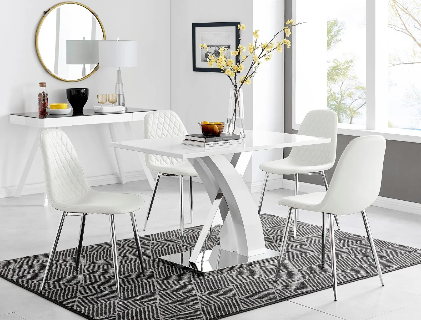 FurnitureboxUK Atlanta White High Gloss & Chrome 4 Seater Dining Table with X Shaped Legs & 4 Faux Leather Corona Chairs