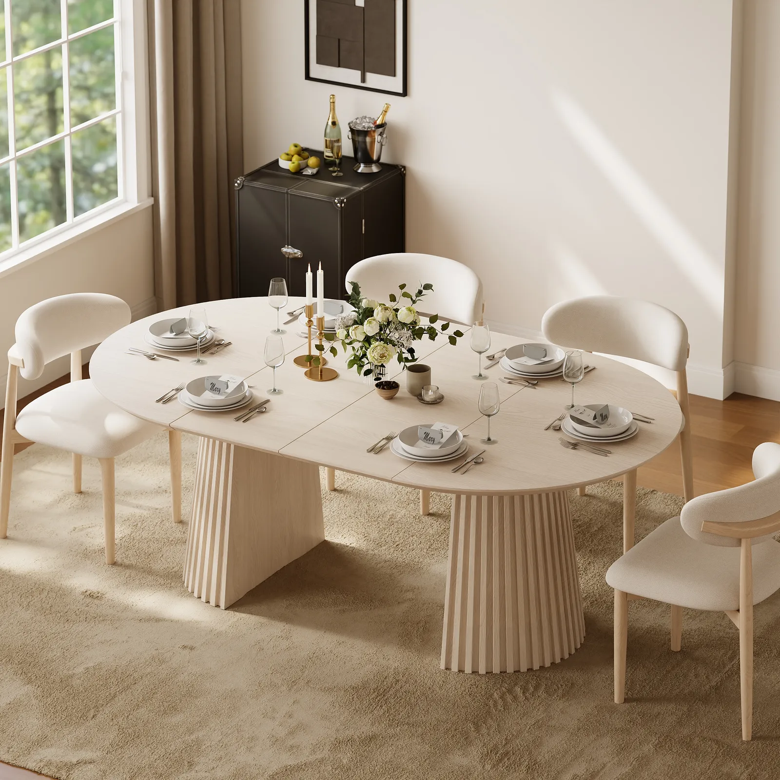 119 cm - 200 cm Extendable Round-to-Oval Wooden Dining Table with Fluted Base, Seats 4-6