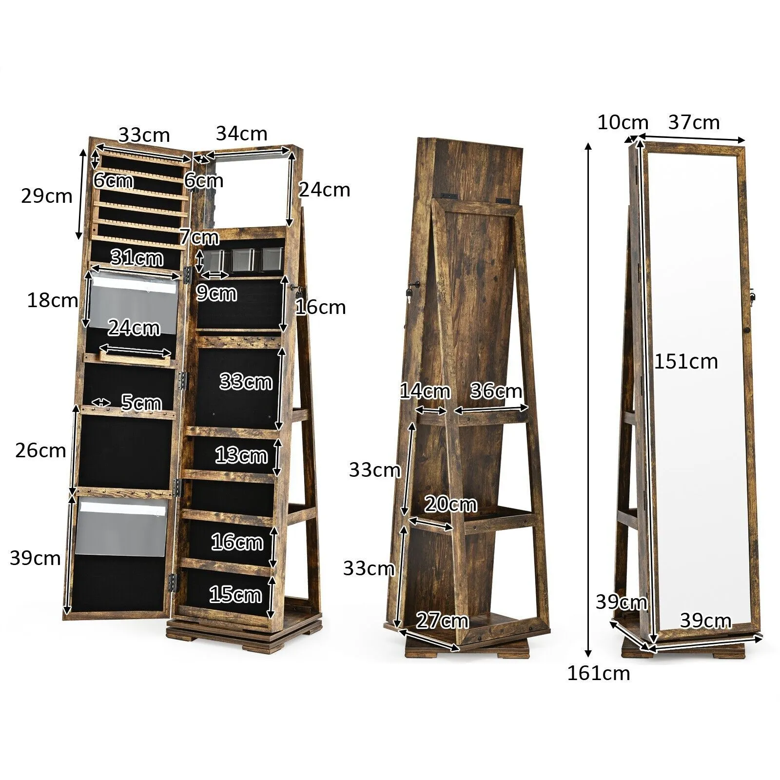 Costway 3-in-1 Rotating Mirrored Jewelry Armoire Freestanding Lockable Large Capacity Jewelry Organizer w/ Makeup Mirror in Brown 2