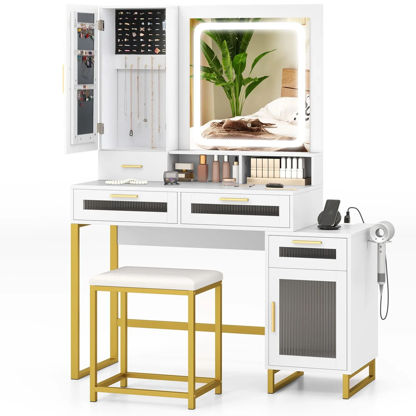 Costway Modern Vanity Set Dressing Table & Chair Set w/ Adjustable Brightness in White