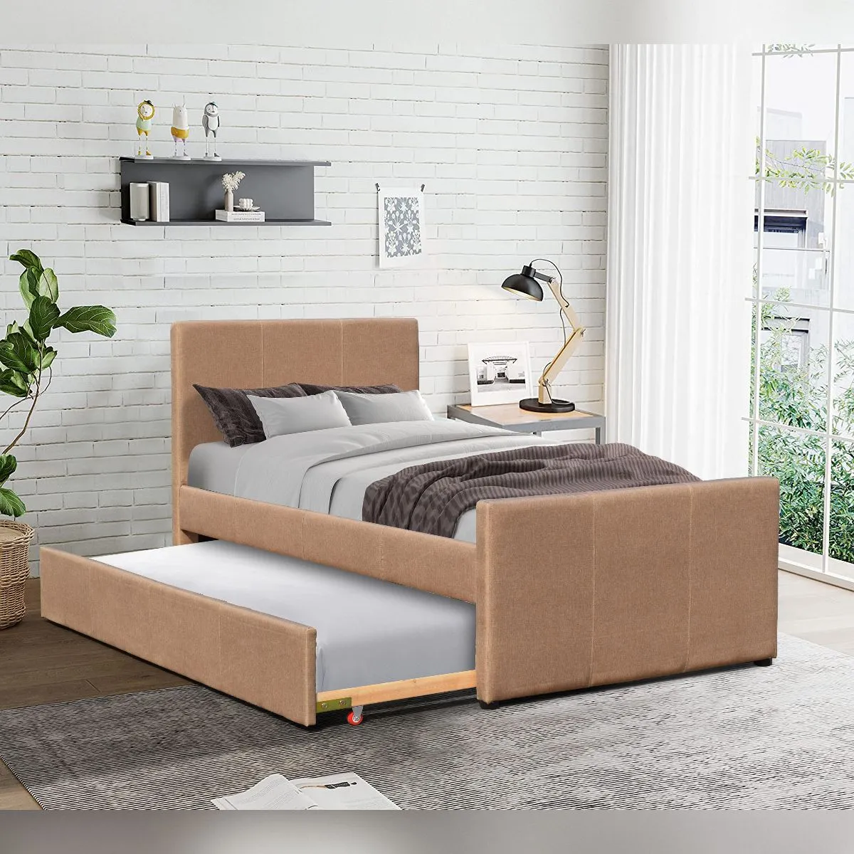 Comfy Living Ltd 3ft Single Fabric Bed Frame With Trundle Bed in Brown 1