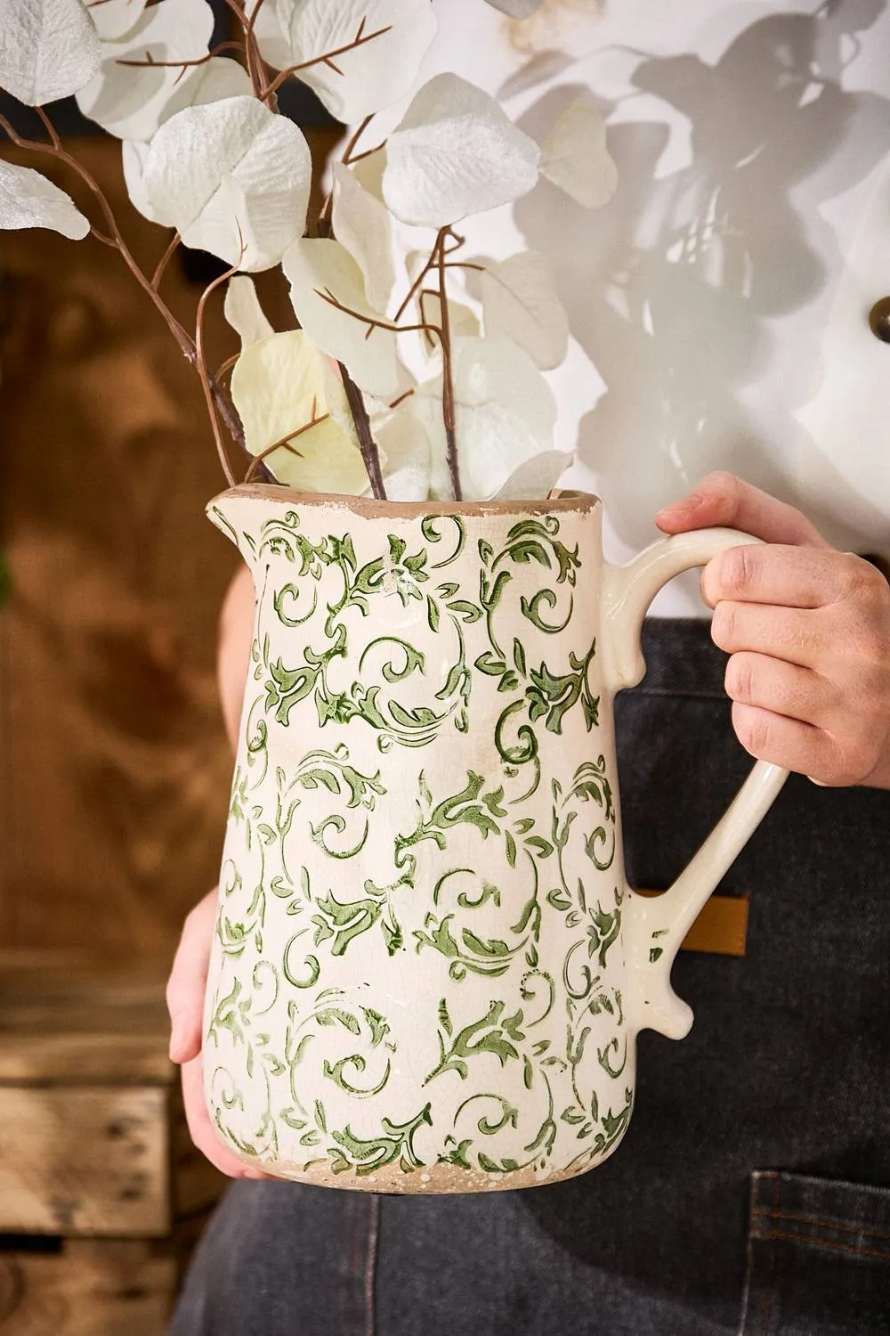 Dibor Vintage Irina Small Green Botanical Home Decor Pitcher Jug H18 x W16cm in Cream 2