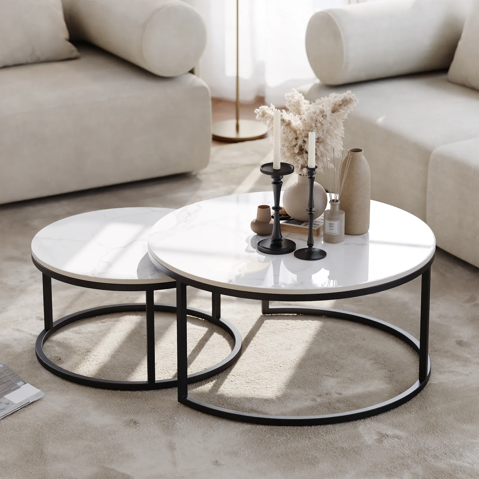 Round Sinterstone and Metal Coffee Table Set in White and Black with Nesting Design, 80 cm Modern Living Room Table