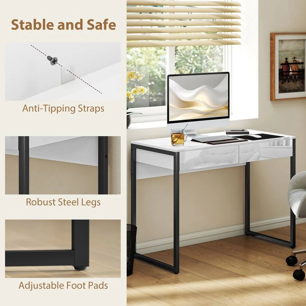 HOMCOM Modern Home Office Desk with High Gloss 2 Drawers Finish White Black 5
