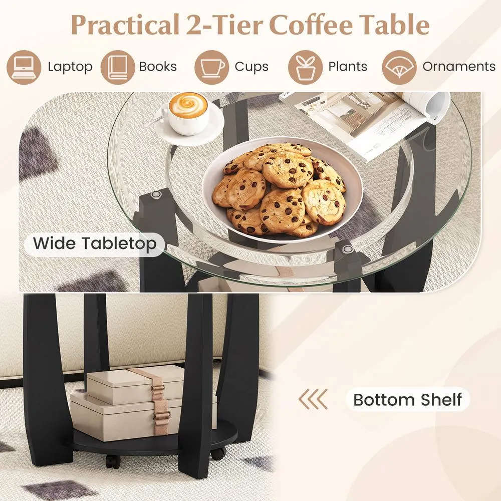 Costway Rolling Glass Round Coffee Table 2-Tier Cocktail Table w/Storage Shelf in Black 6
