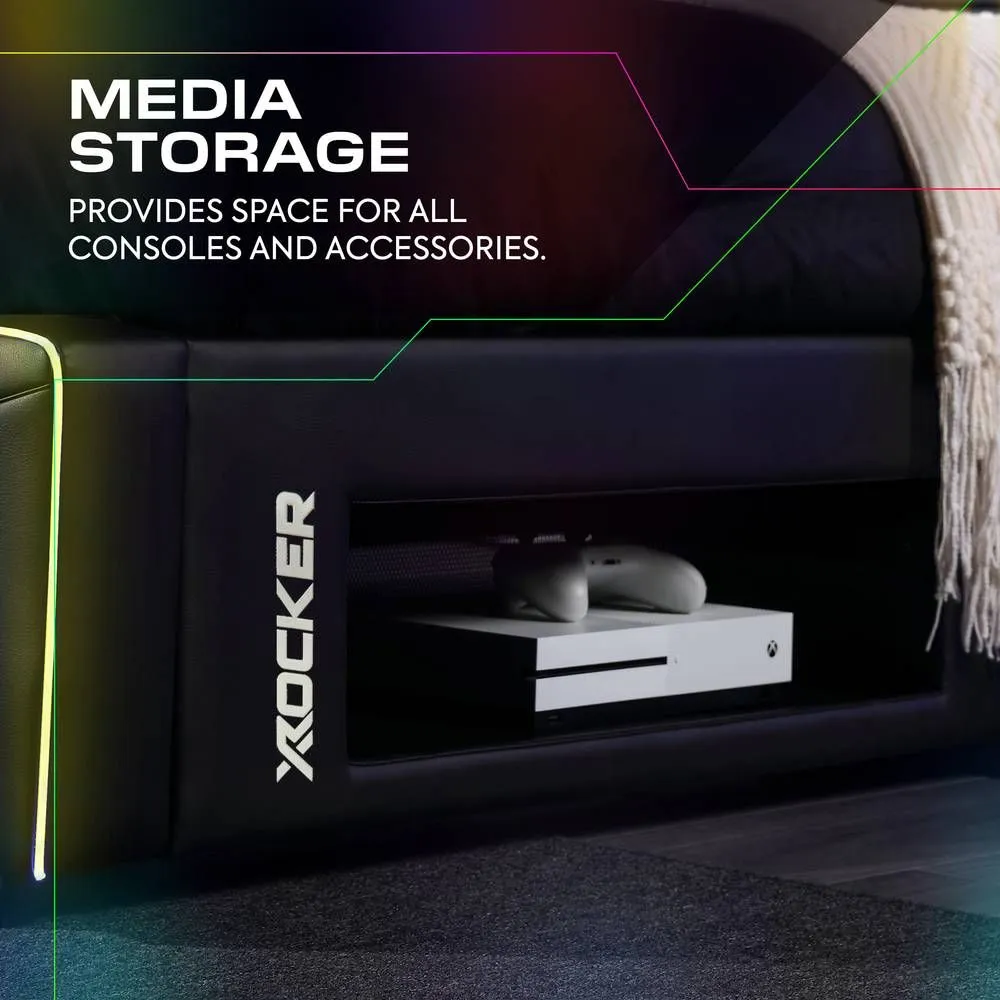X Rocker Oracle TV Bed with LED Lighting, Underbed Media Storage & Mattress in Black 4