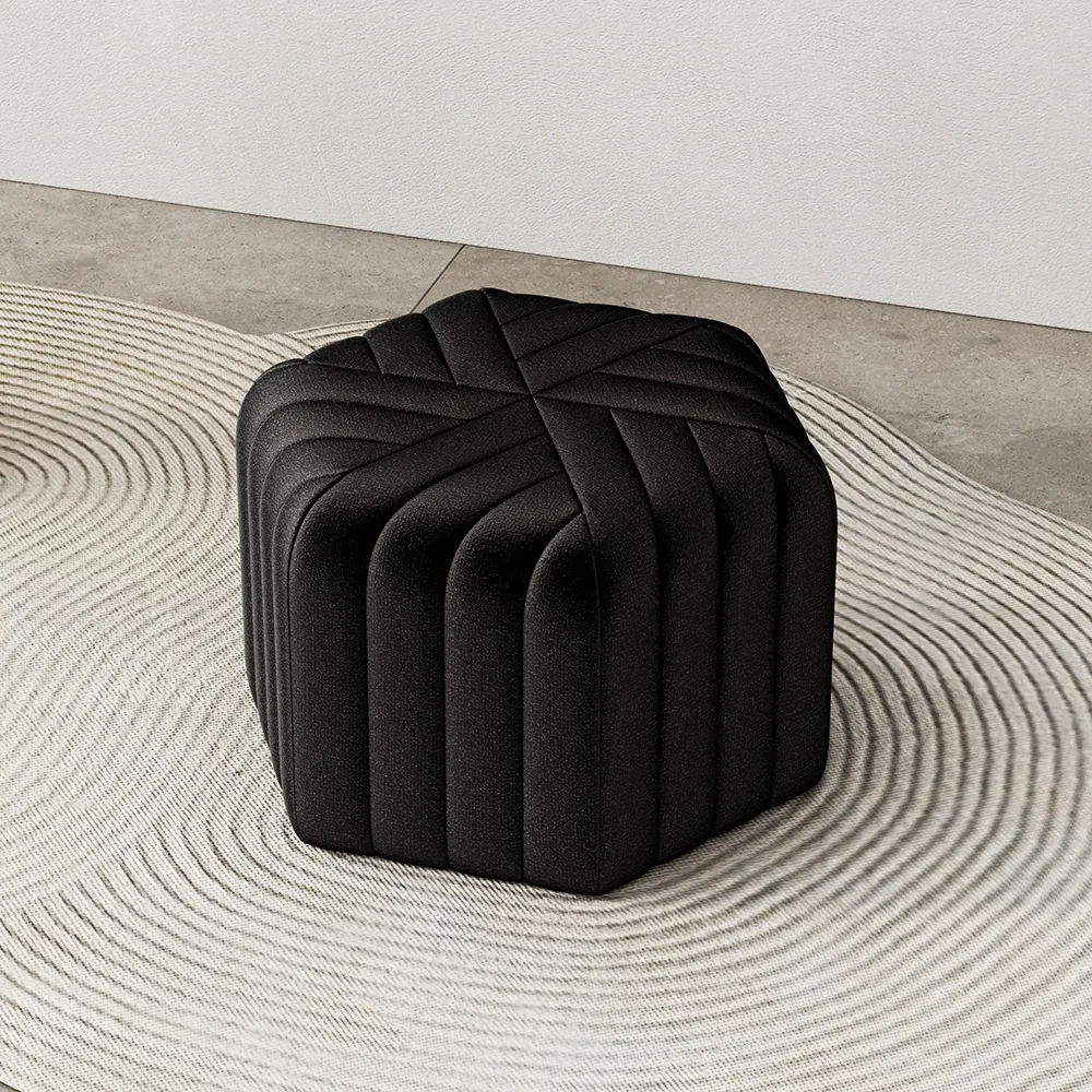 18.5" Wide Black Pouf Ottoman Upholstered in Velvet Hexagonal Footrest Stool