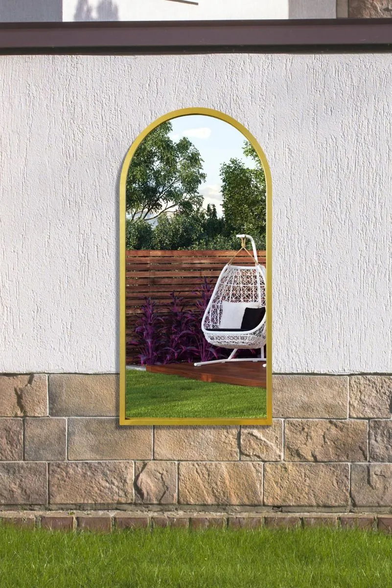 MirrorOutlet Gold Metal Framed Arched Garden Wall Mirror 47" X 23.5" (120 X 60CM)