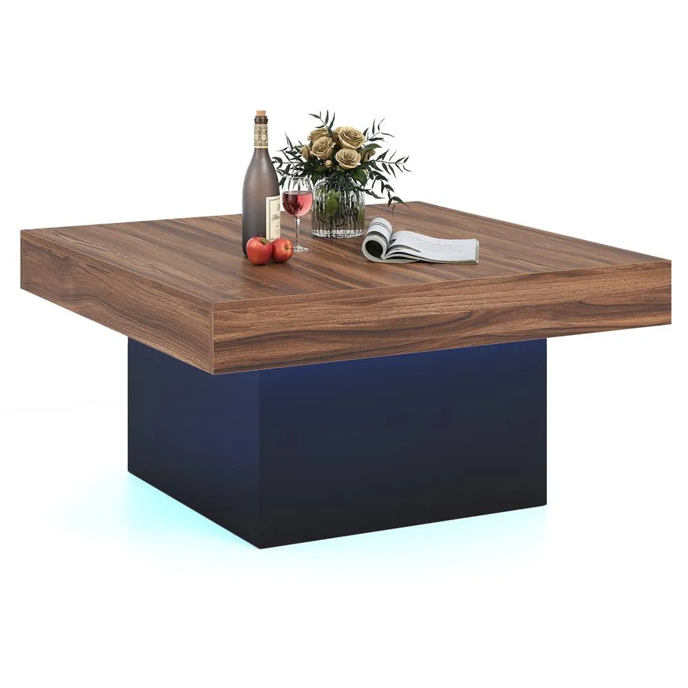 Costway Coffee Table Square Center Table with LED Lights in Brown