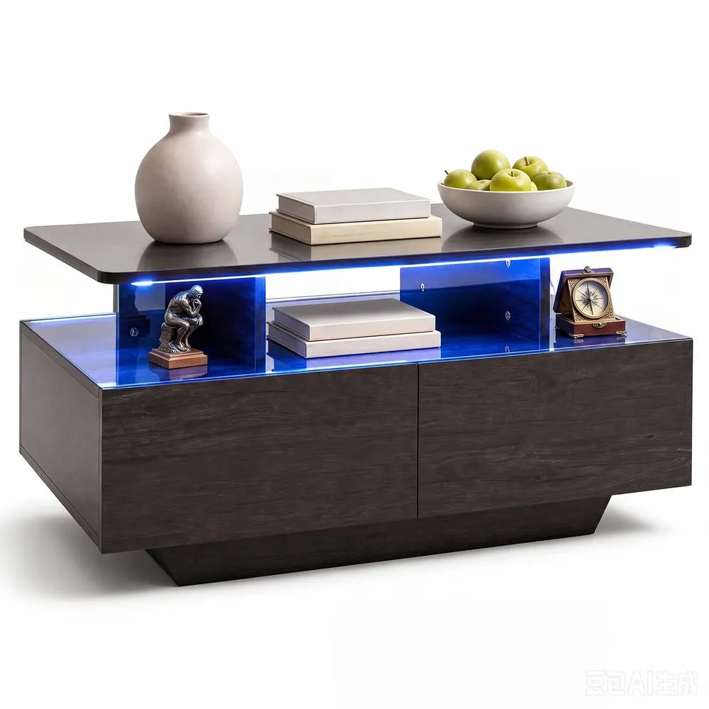 Costway Coffee Table 20-Colour Lighted High Glossy Center Table With 2 Drawers in Grey 1