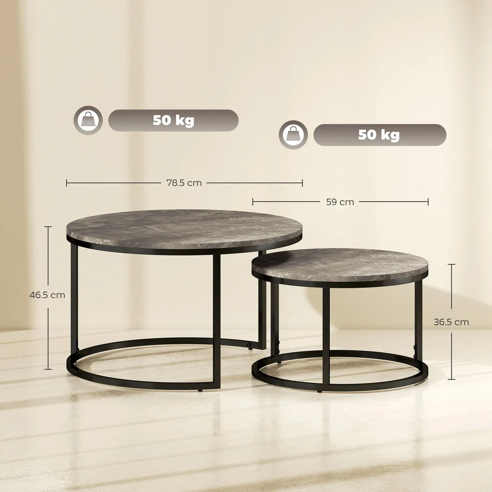 HOMCOM 2 Pcs Stacking Coffee Table Set Steel Frame Marble-Effect Top Foot Pads in Dark Grey 3