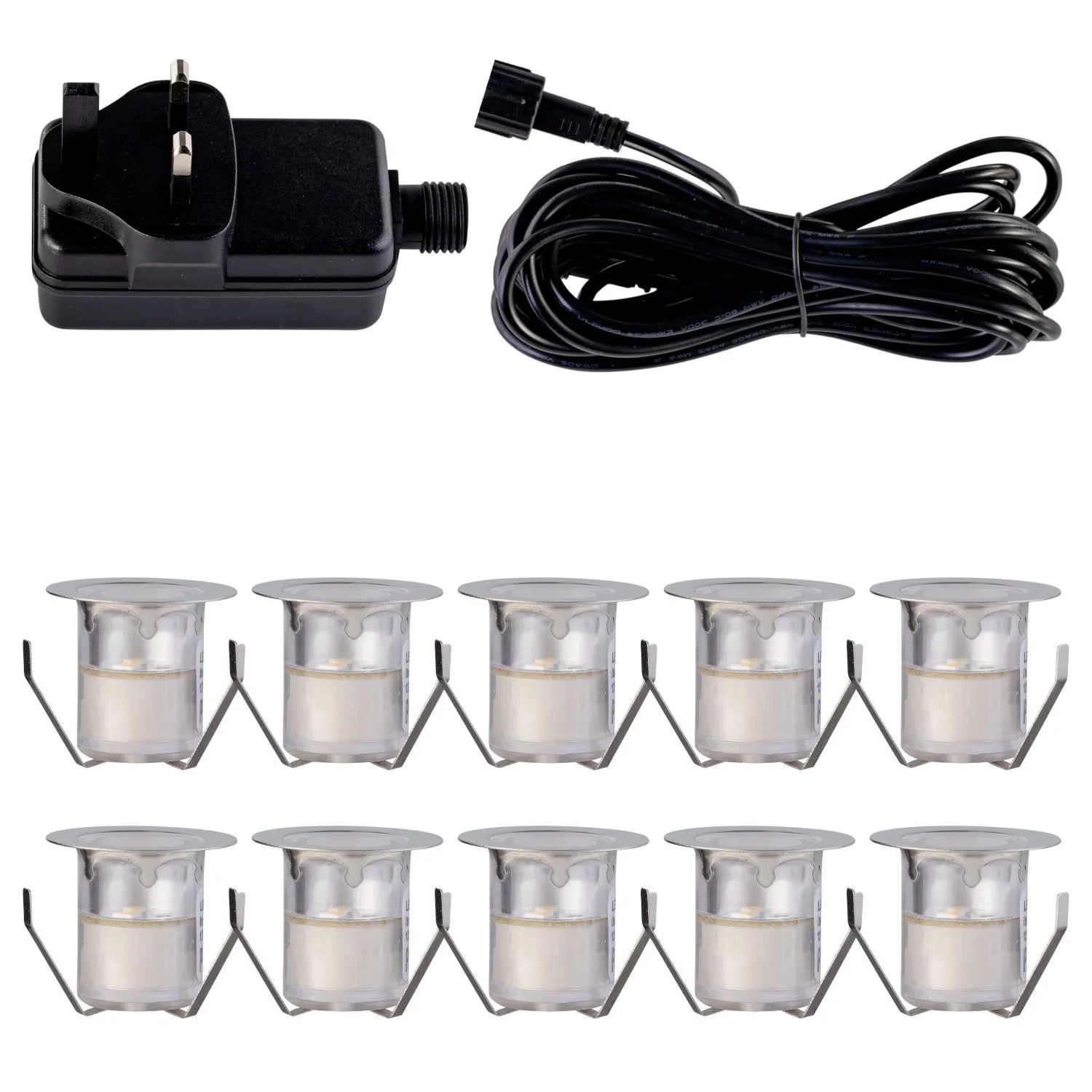 First Choice Lighting Set of 10 - 30mm Stainless Steel IP67 Warm White LED Decking Kit in Silver