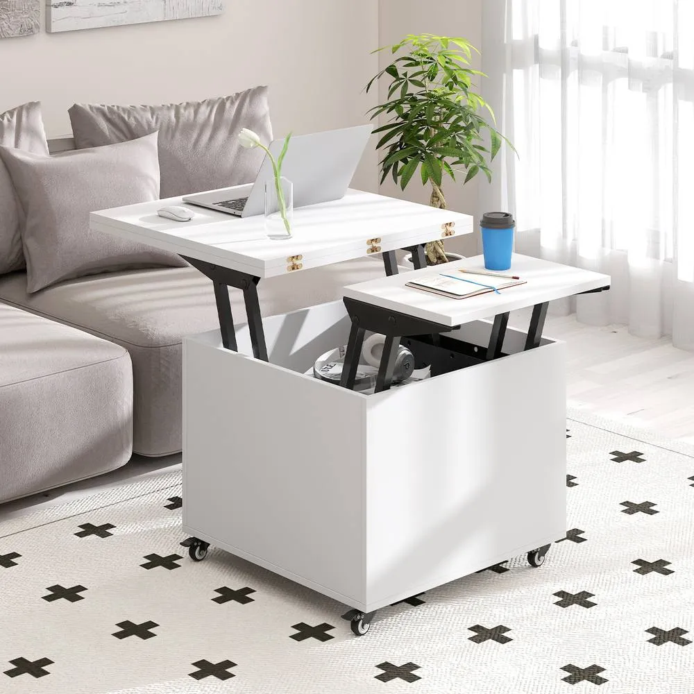 Costway Lift Top Coffee Table 3-In-1 Folding Center Table w/Hidden Storage in White 4