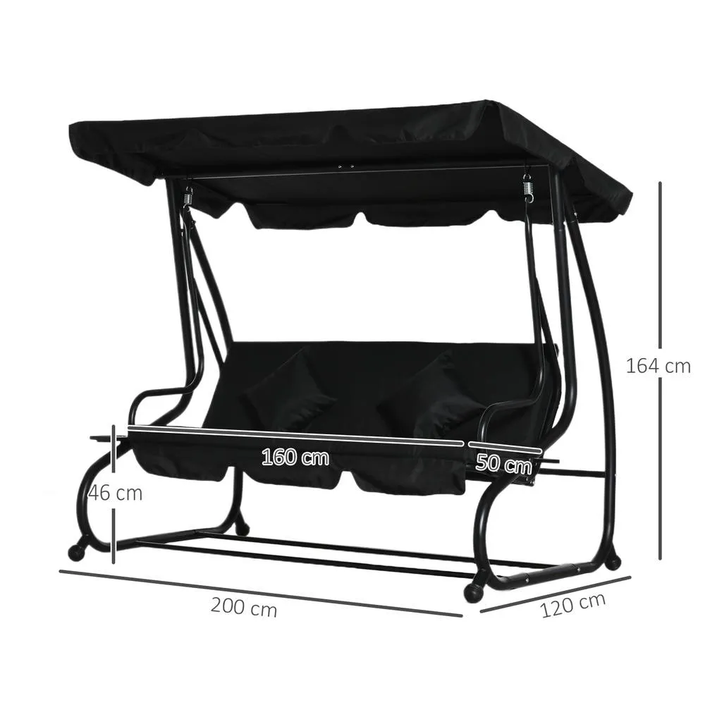 OUTSUNNY 2-in-1 Garden Swing Chair for 3 Person w/ 2 Pillows, Black 3