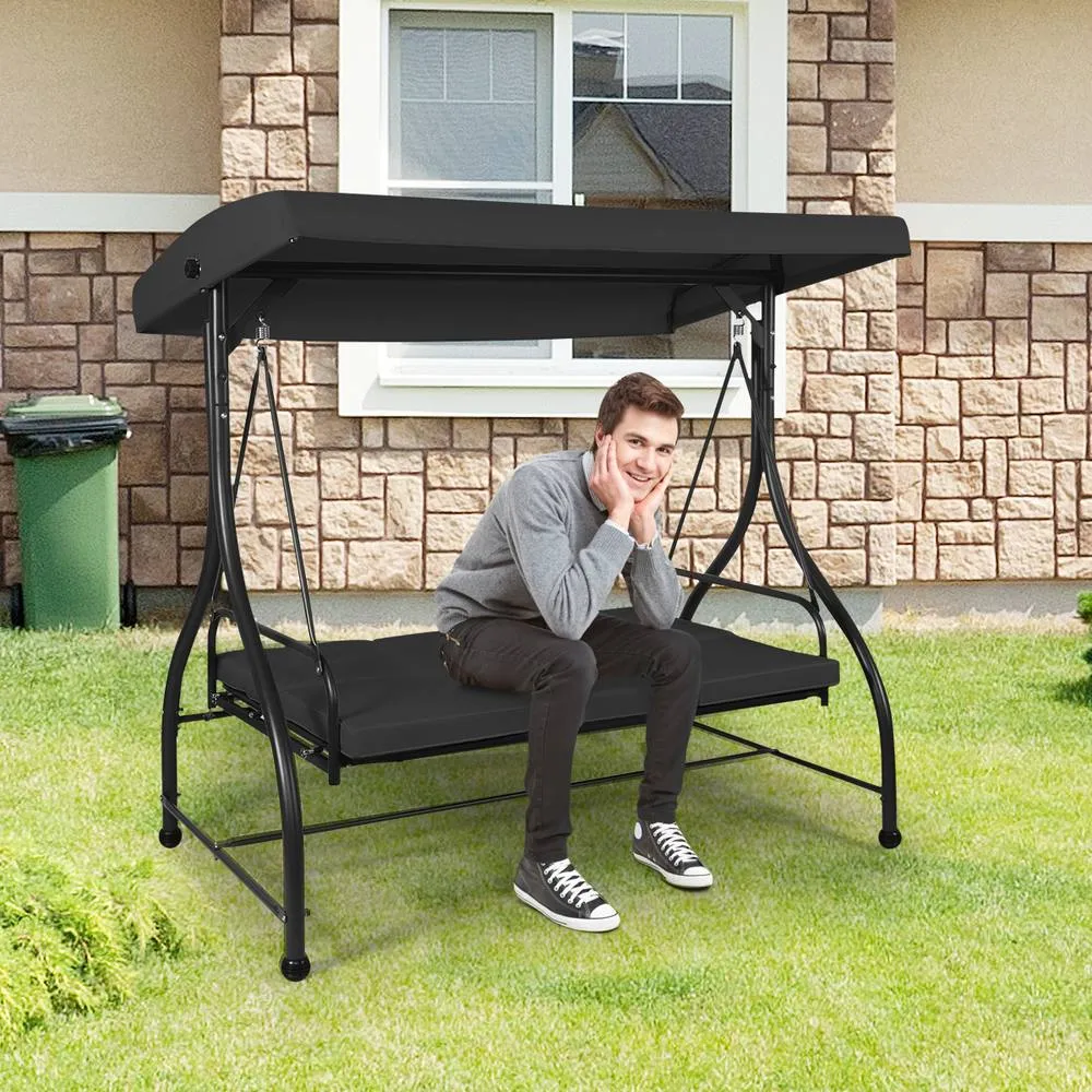 Costway Garden Patio Swing Chair 3 Seater Hammock Bench Convertible Canopy Cushion Seats in Black 2