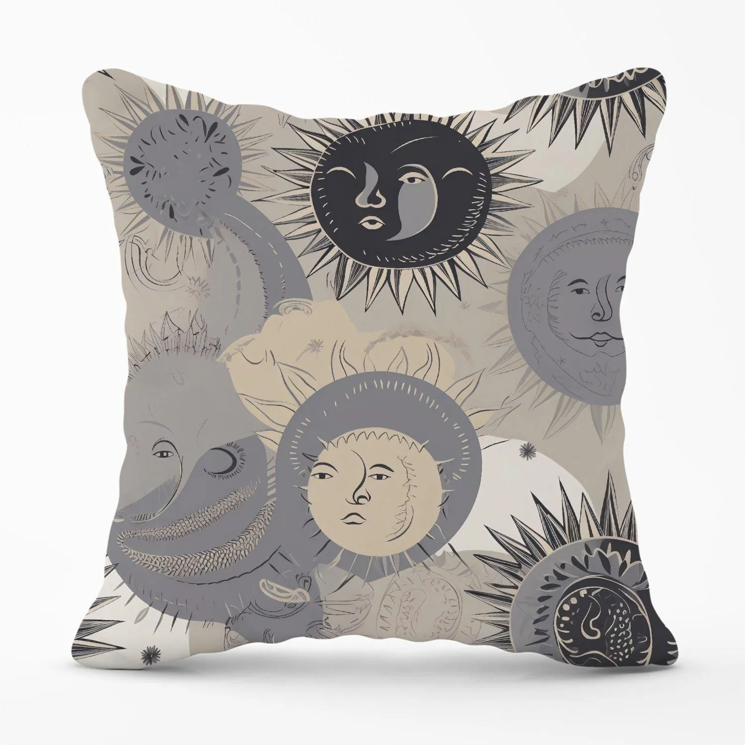 Warren Reed - Designer Grey Black Abstract Moon & Sun Outdoor Cushion