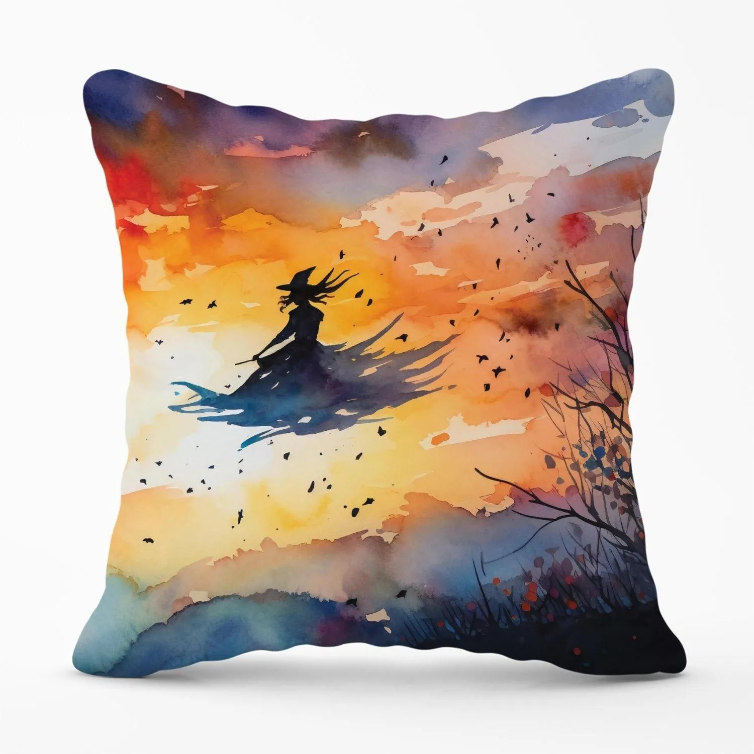 Warren Reed - Designer A Mesmerizing Watercolor Artwork Featuring A Graceful Witch Outdoor Cushion in Orange